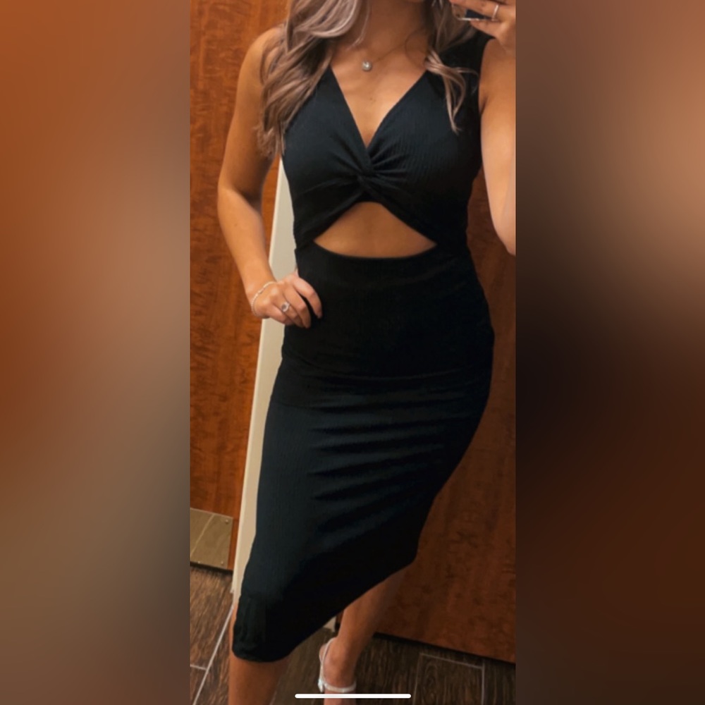 Black ribbed midi dress with front cut out & slit on side